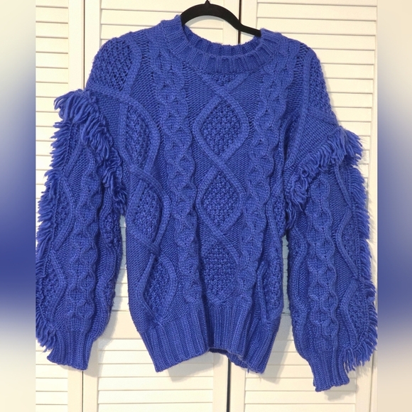 Fantastic Fawn Chunky Fringe Cable Knit Sweater | Royal Blue | Size Small NWOT - Picture 3 of 5